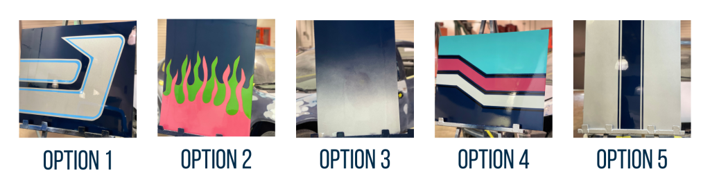 image include options for paint jobs. Option one is a silver trucker stripe on dark blue. Option two is pink and green flames on dark blue. Option three is a silver and blue ombre. Option for is a three stripe design with teal, pink and white on dark blue. Option five is a single dark blue racing stripe on silver. 